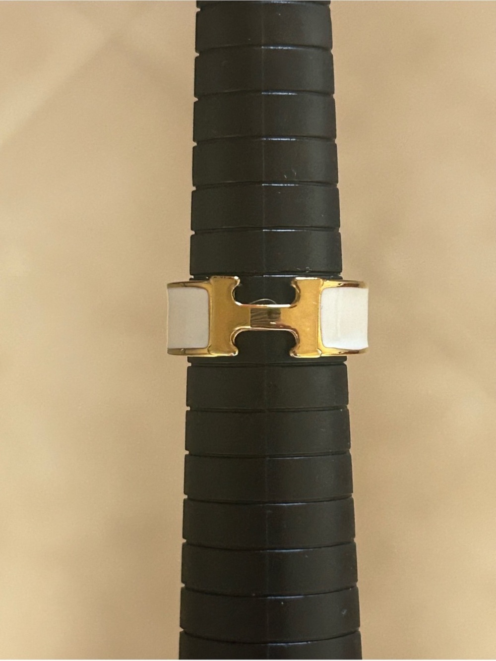 Gold and White Enamel H Ring - Women Accessories